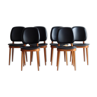 Suite of 6 Chairs Baumann model Pegasus in beech and faux black leather