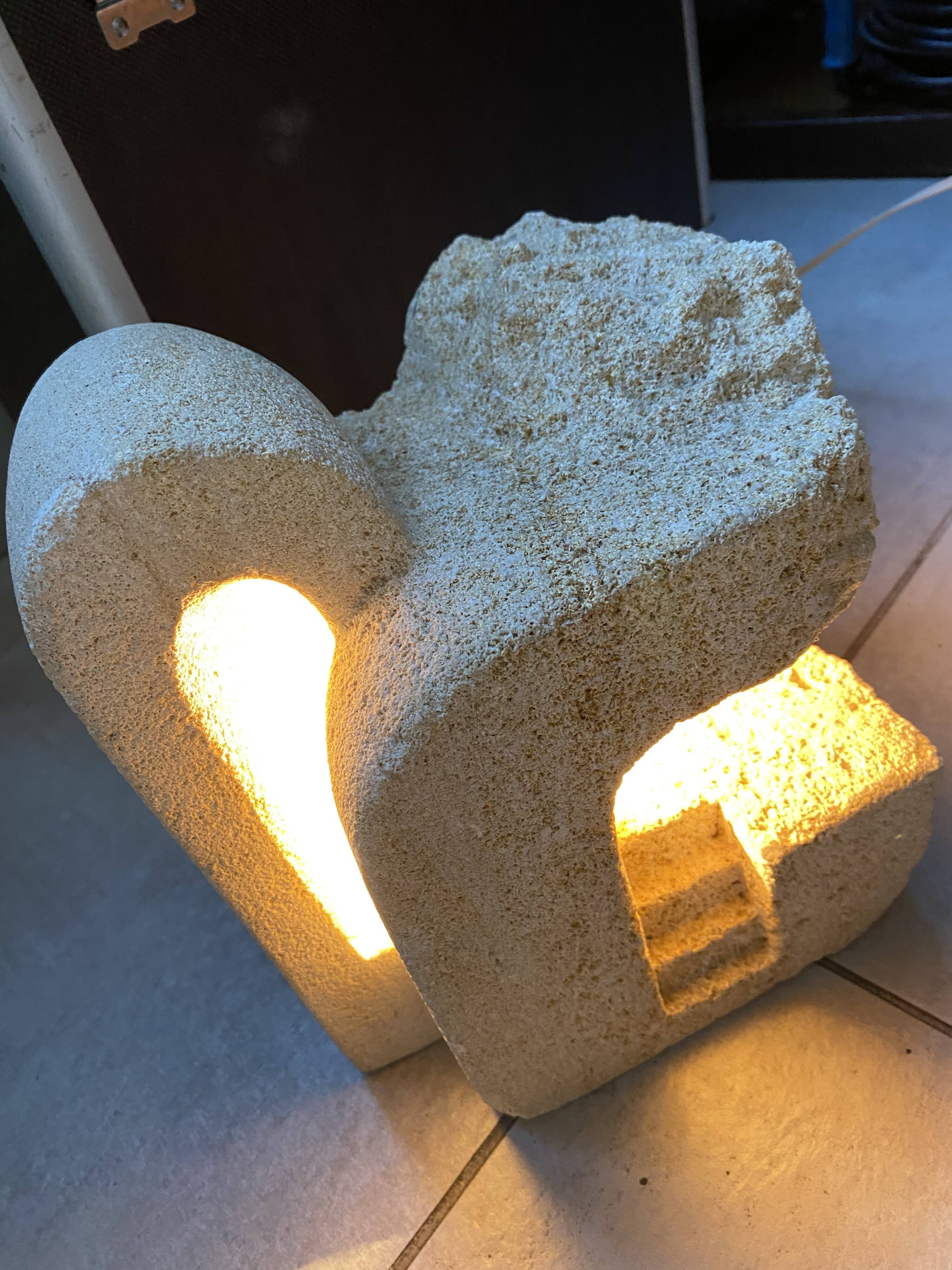 Brutalist limestone lamp signed AC Masson 1970