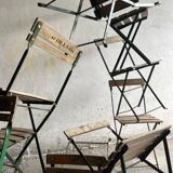 Vintage 1930 brewery terrace table with green metal and wooden folding chair