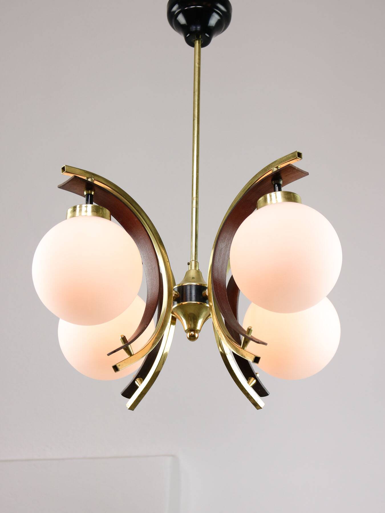 Mid-Century Modern Italian Brass and Opaline Chandelier