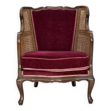 Fauteuil danois des années 1950, en velours, bois de frêne, maille.