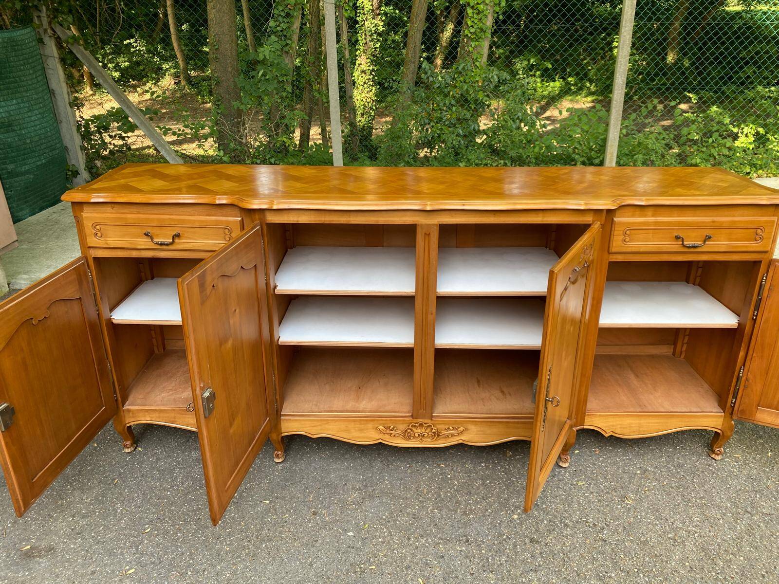 Light solid wood enfilade with Louis XV marquetry, 1950, 230cm.