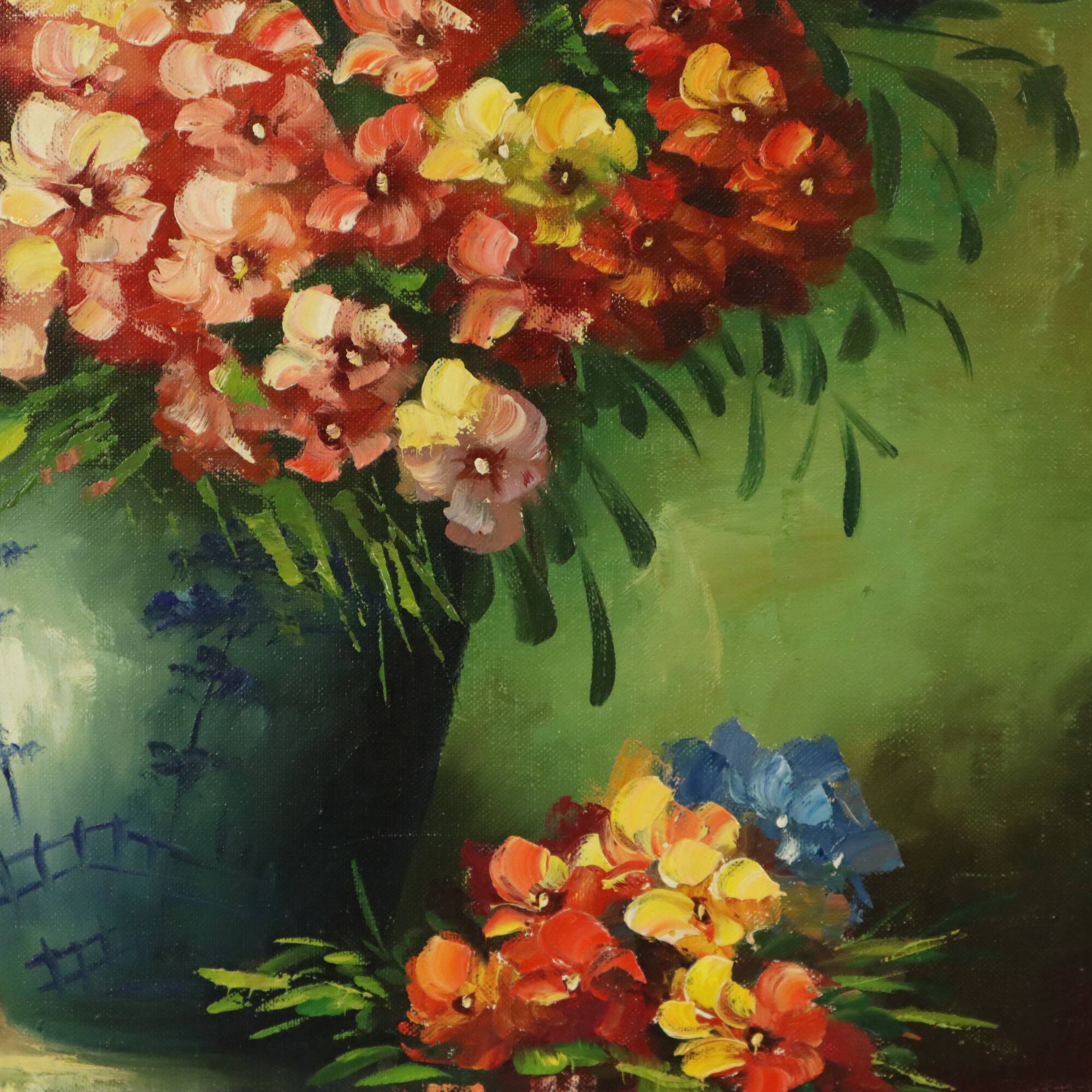 Grande nature morte de fleurs colorées signée 60x50cm