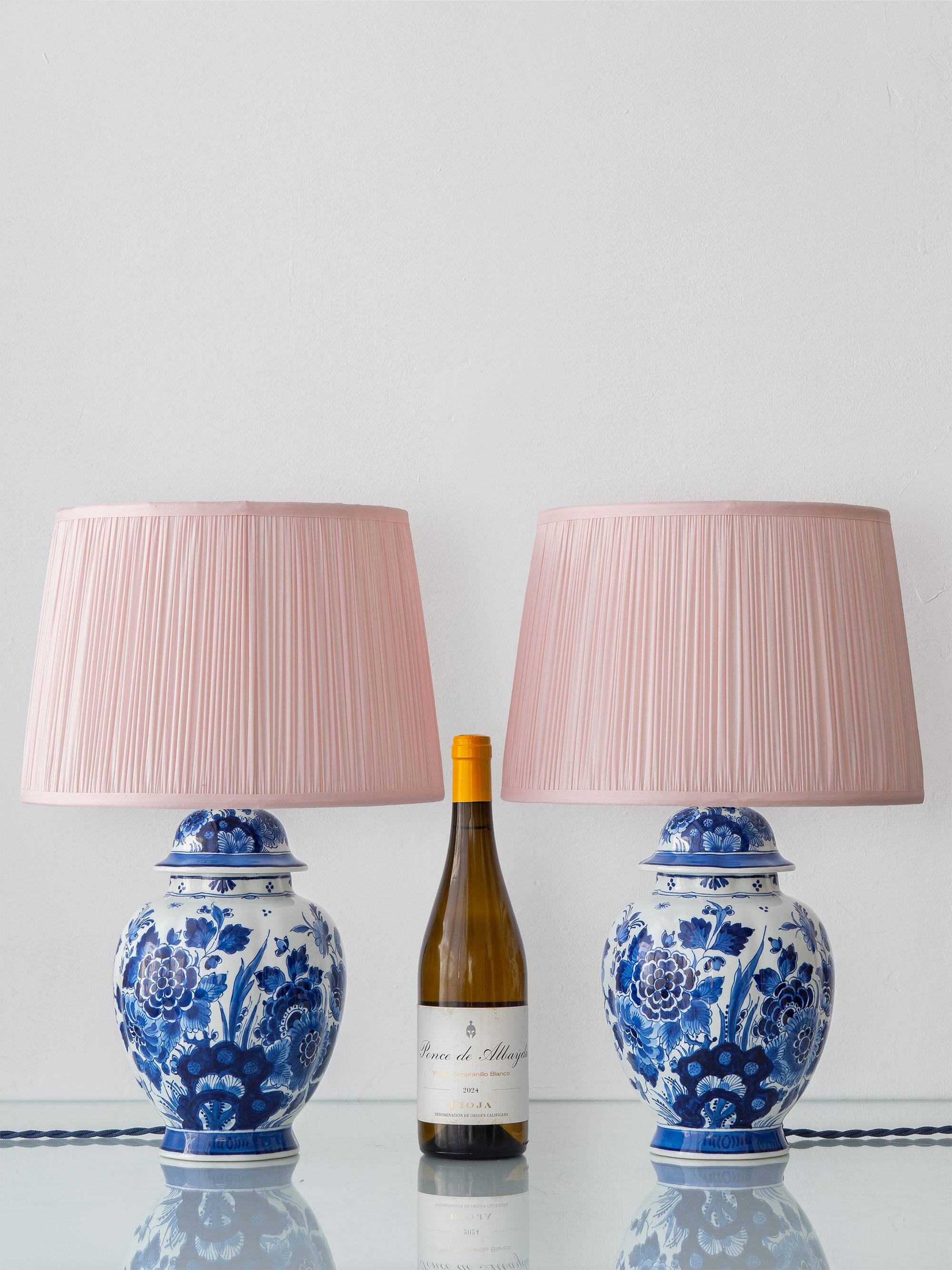 Pair of Royal Delft Blue & White Hand-Painted Floral Ginger Jar Table Lamps