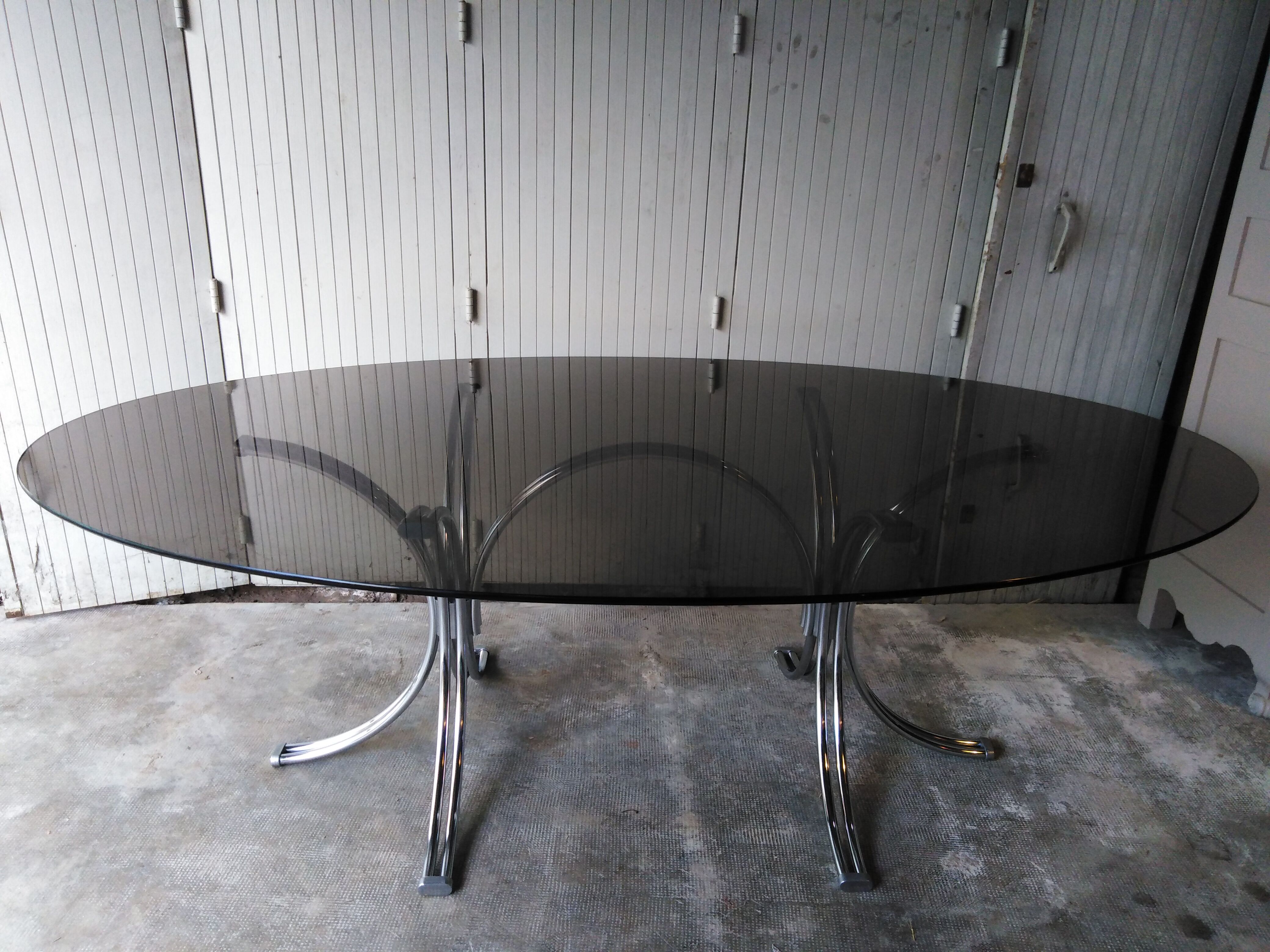 Large table Roche Bobois 1970 glass and chrome 8 pers