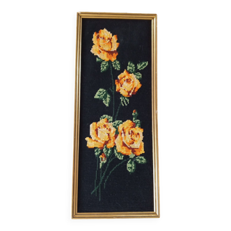 Golden frame with ancient canvas of yellow roses