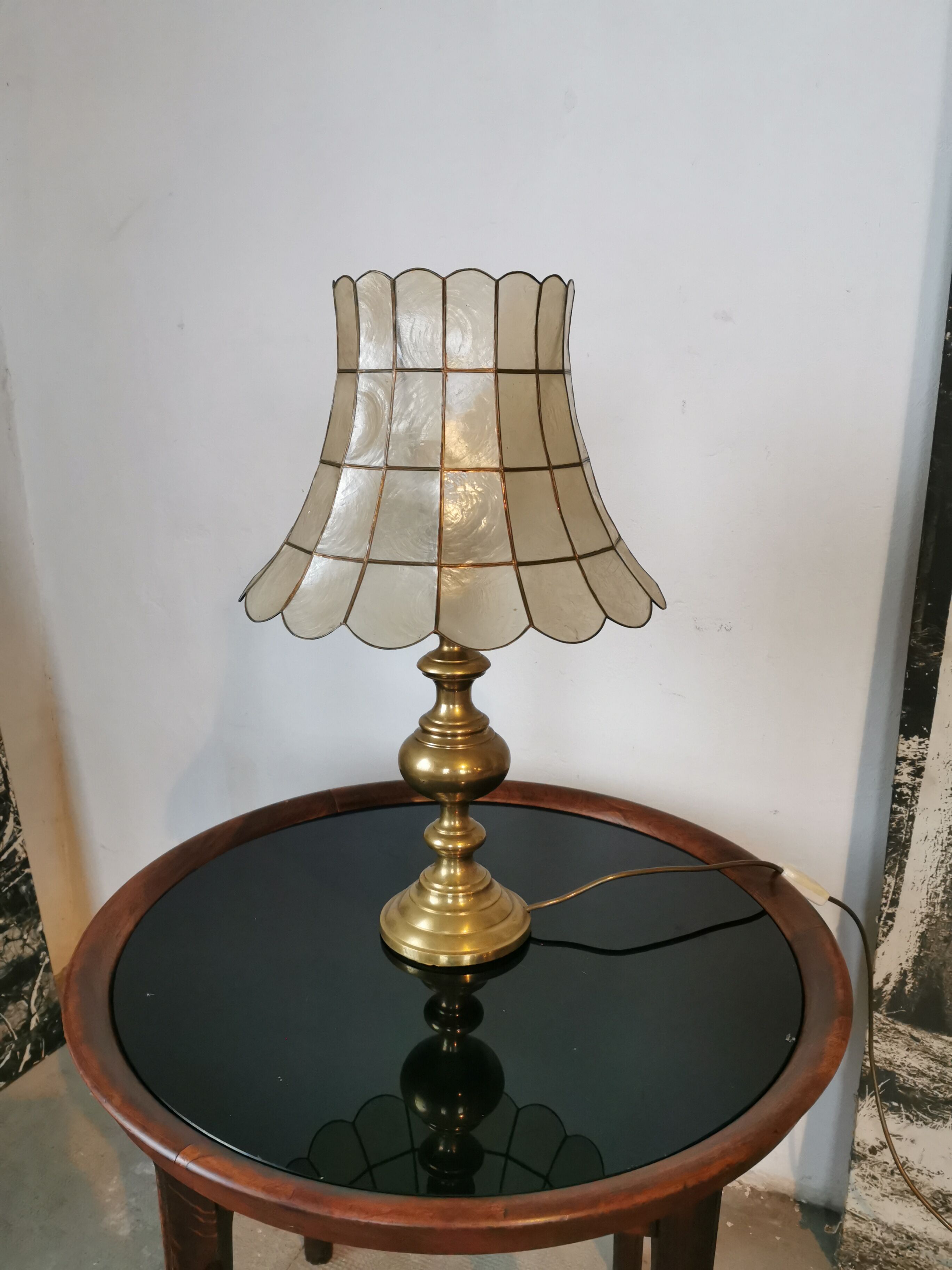 Brass lamp and mother-of-pearl lampshade circa 1970/80