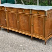 Louis XVI sideboard in solid mahogany with a white marble top, 222cm, 1950.