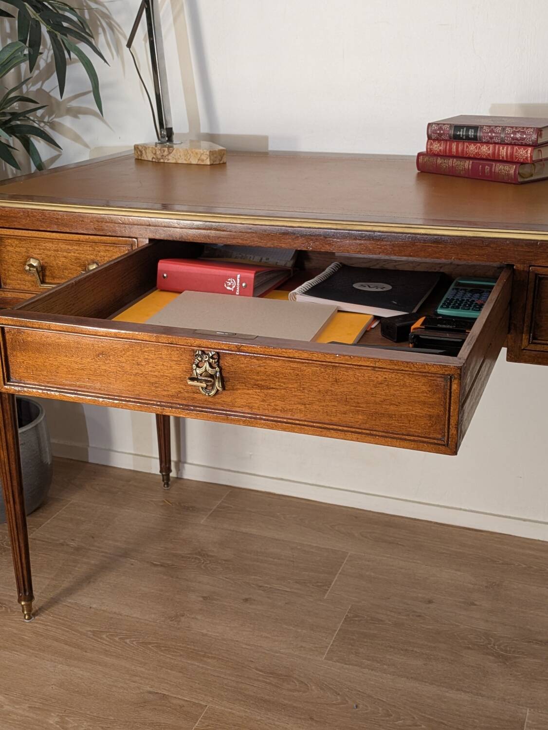 Antique Louis XVI style vintage desk, leather, brass, cherry wood