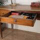 Antique Louis XVI style vintage desk, leather, brass, cherry wood