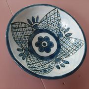 barbotine style salad bowl with blue floral pattern