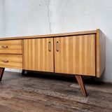 Enfilade vintage hifi tv cabinet in light wood compass feet 1950
