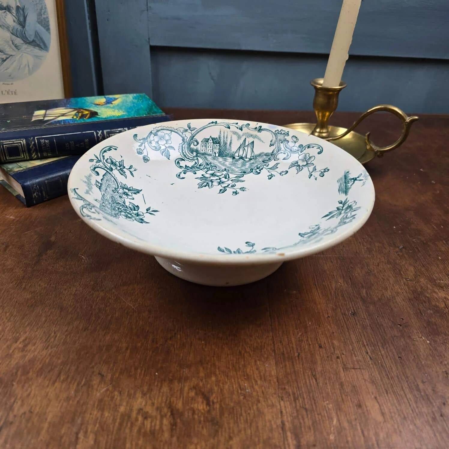 Antique compote dish Faïencerie de Lyon Marine, ironstone with blue-green decoration, 19th century.