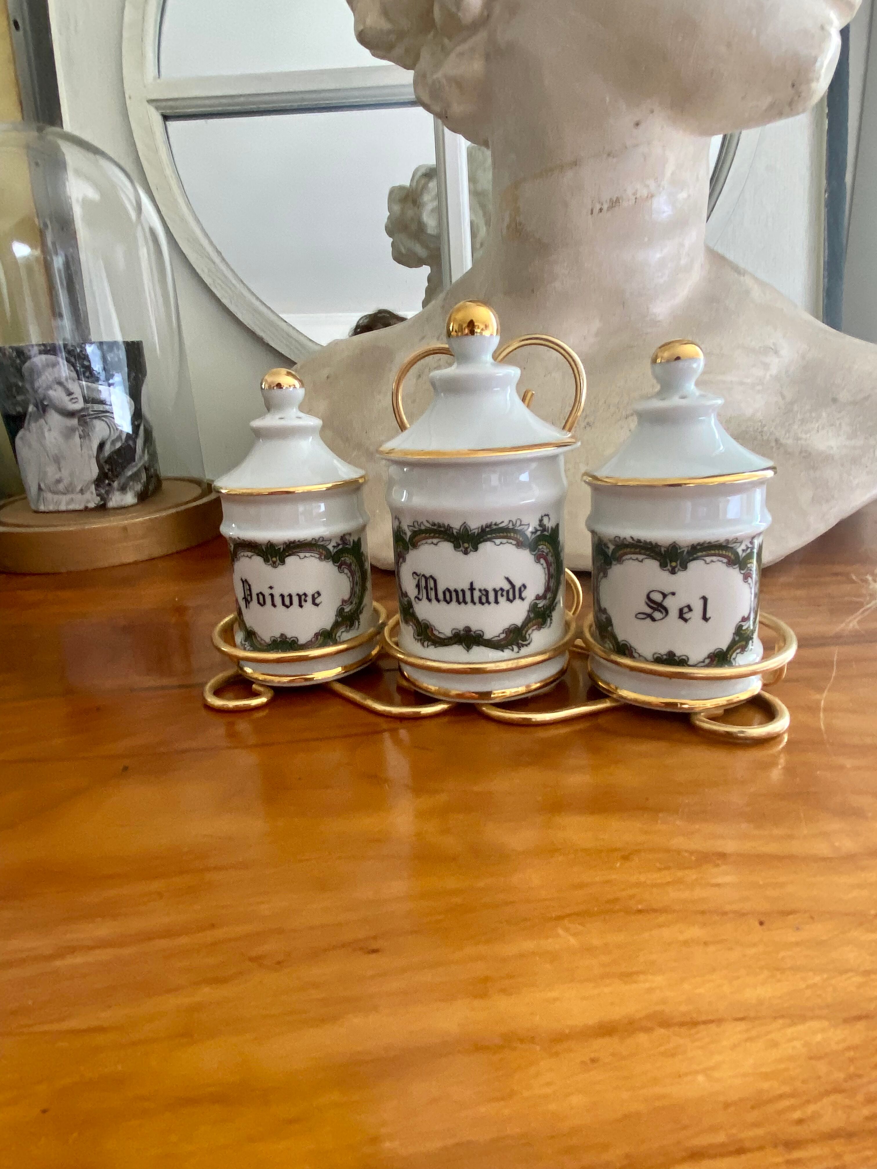 Servant with porcelain condiments Limoges salt pepper mustard