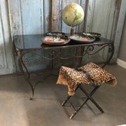 Table à manger Art Déco en fer forgé avec verre noir, années 1930