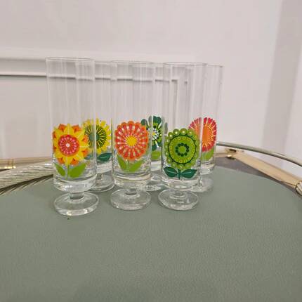 Set of 6 vintage pop art glasses with multicoloured flowers - 1970s