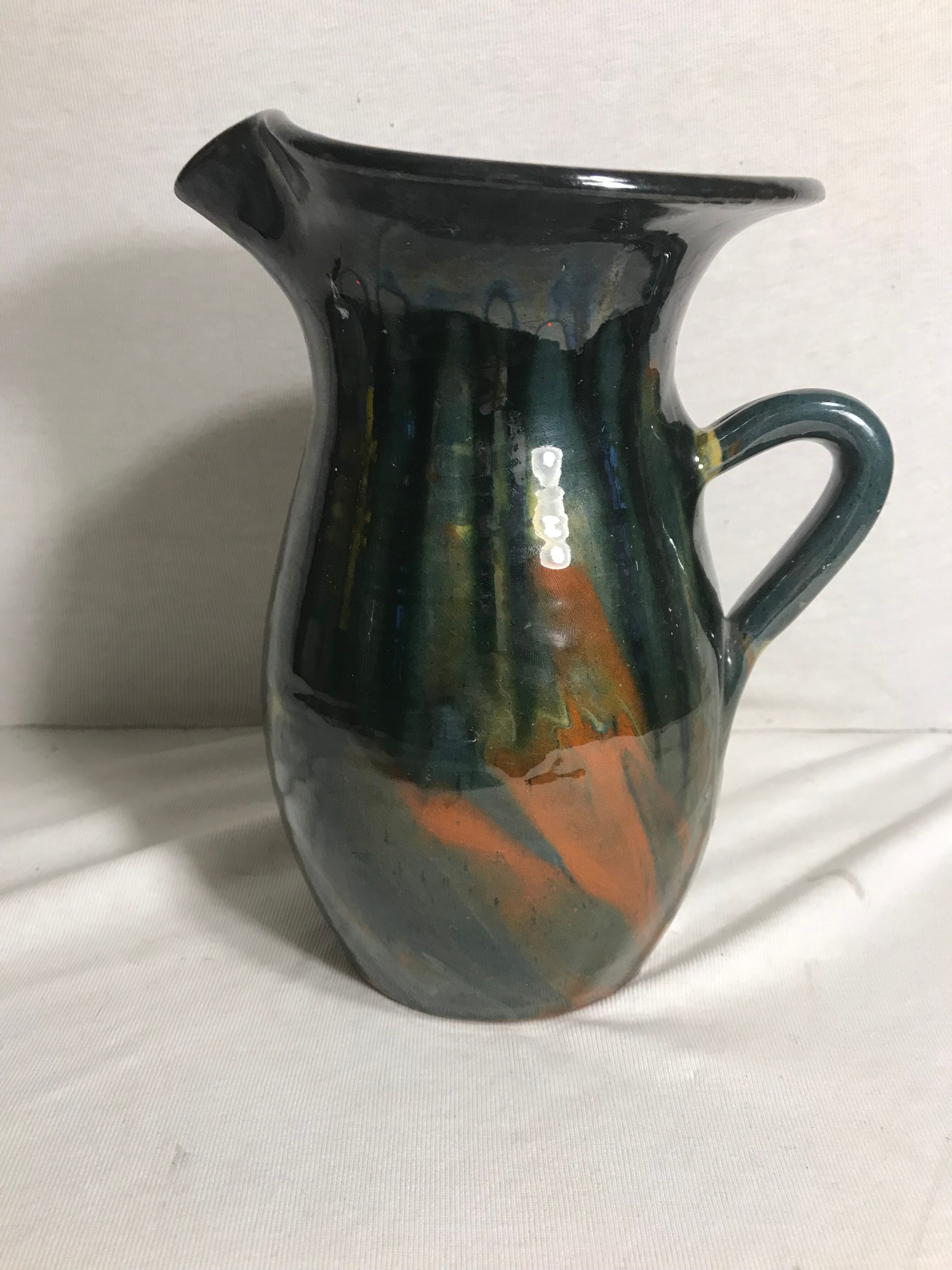 Ceramic jug enamelled yellow-green & orange 70's