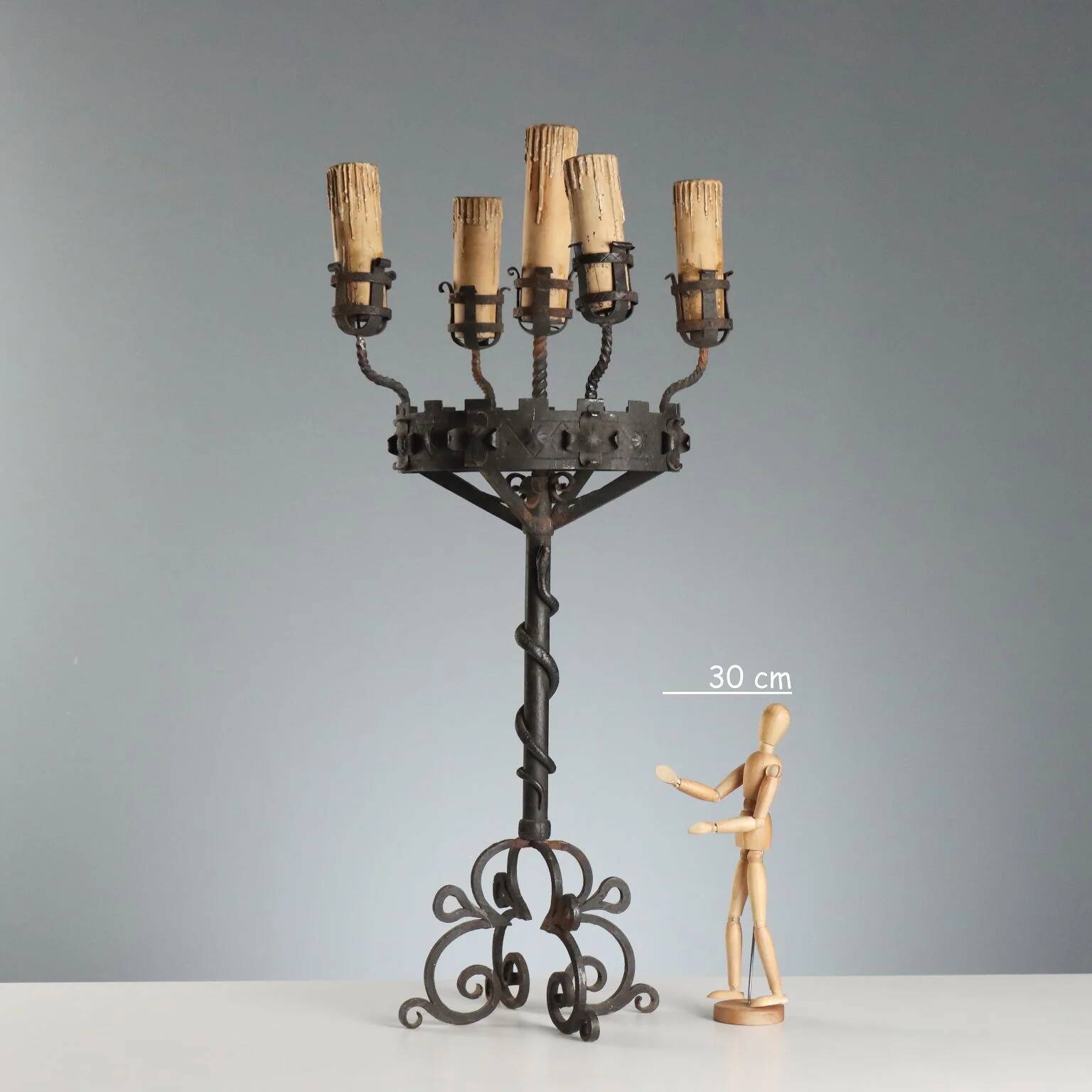 Wrought iron five-light torchère with twisted serpent - Italy late 19th century