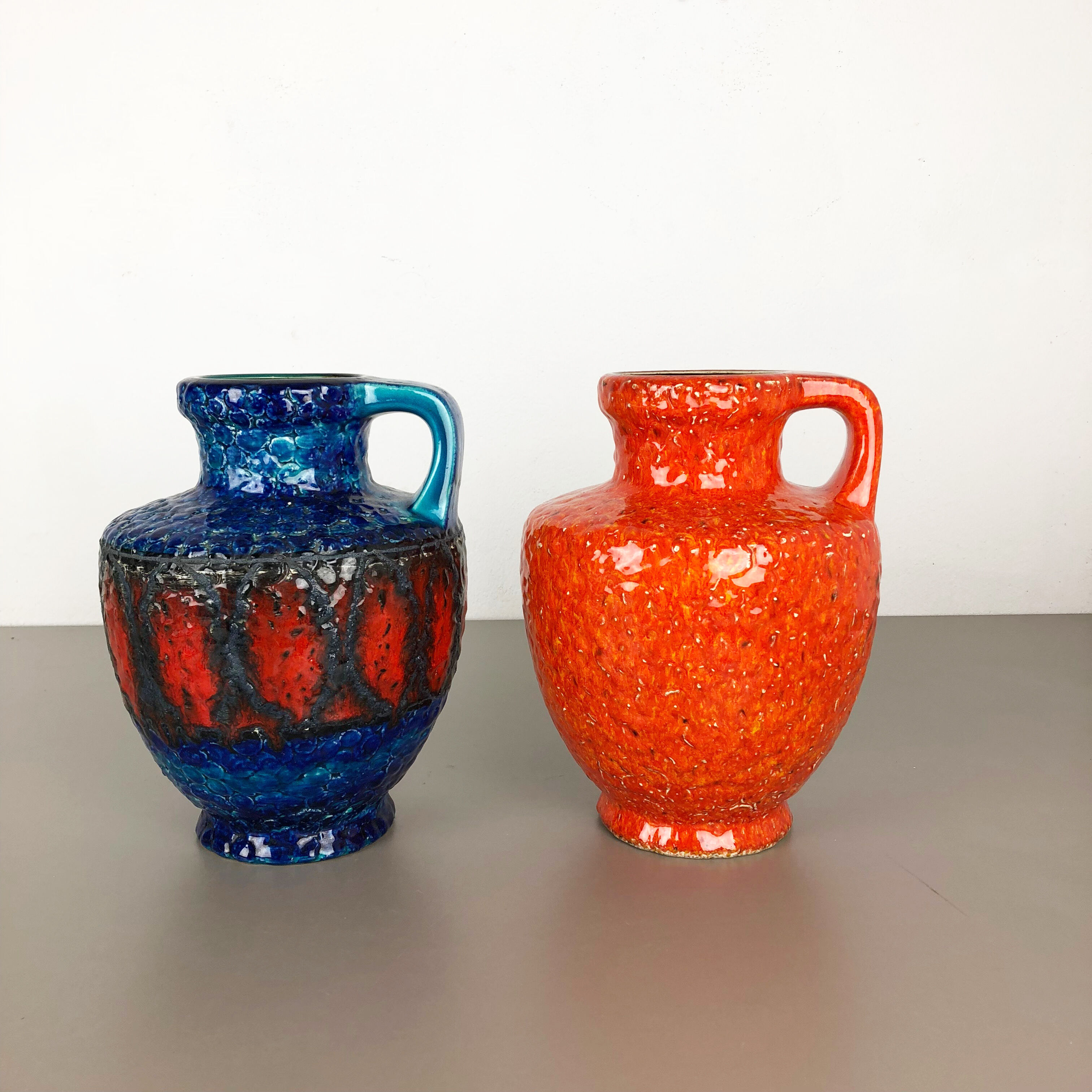 Set of 2 Multi-Color Fat Lava Op Art Pottery Vase Made Bay Ceramics, Germany