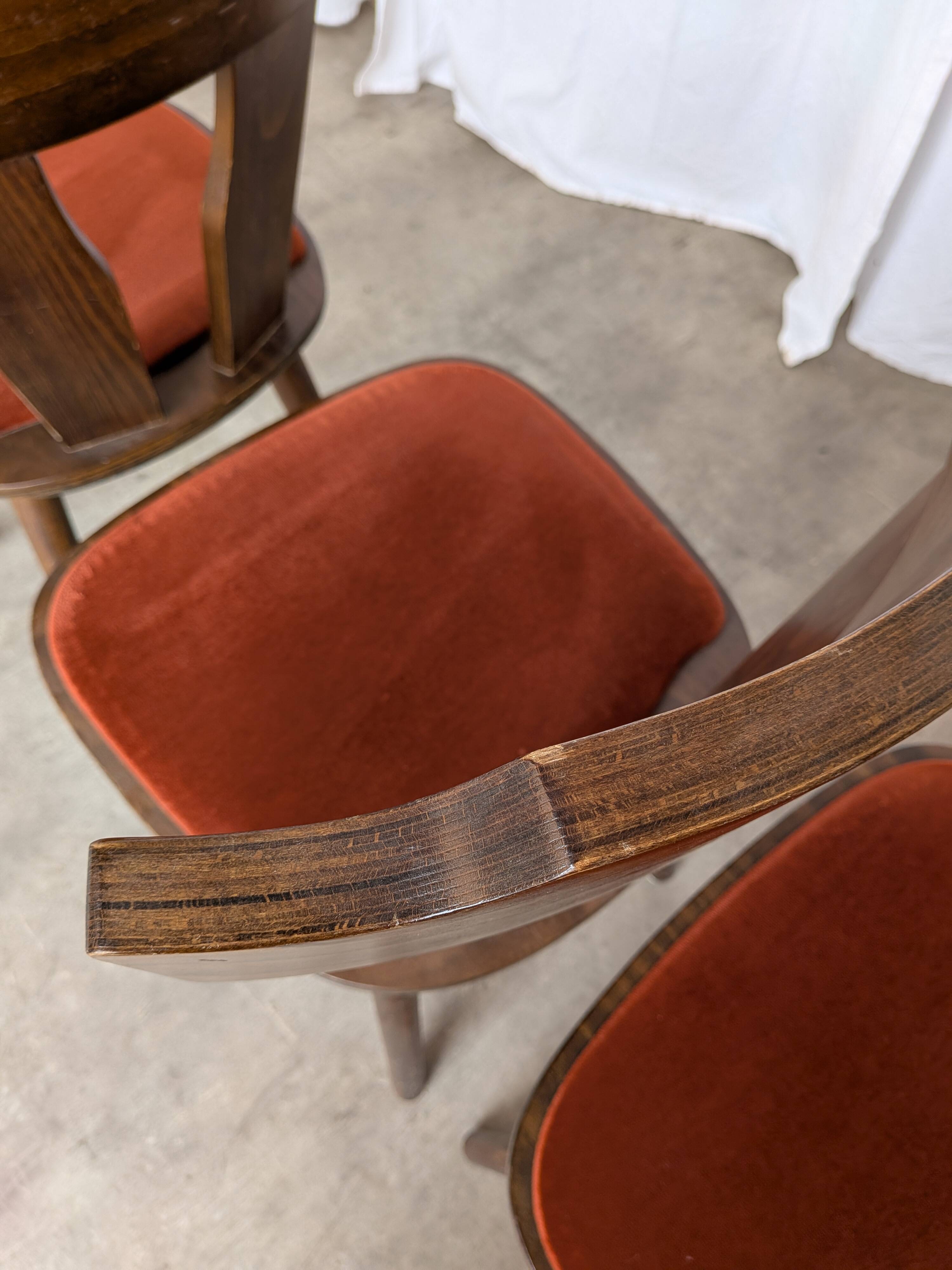 Vintage Tyrolean Dining Chairs: Set of 4, Red Fabric Seat, 1970s