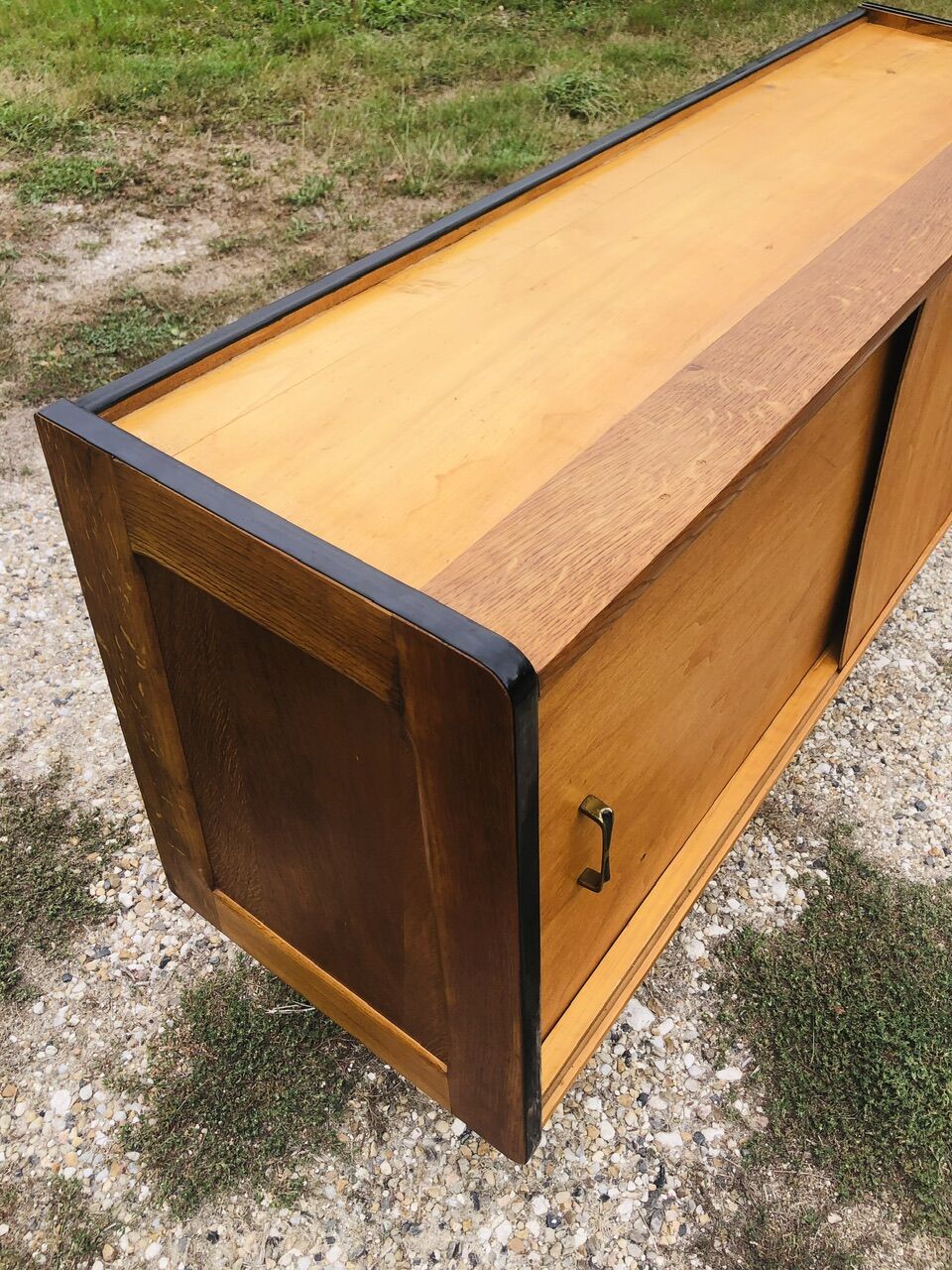 Small vintage row with sliding doors, metal legs Circa 50's