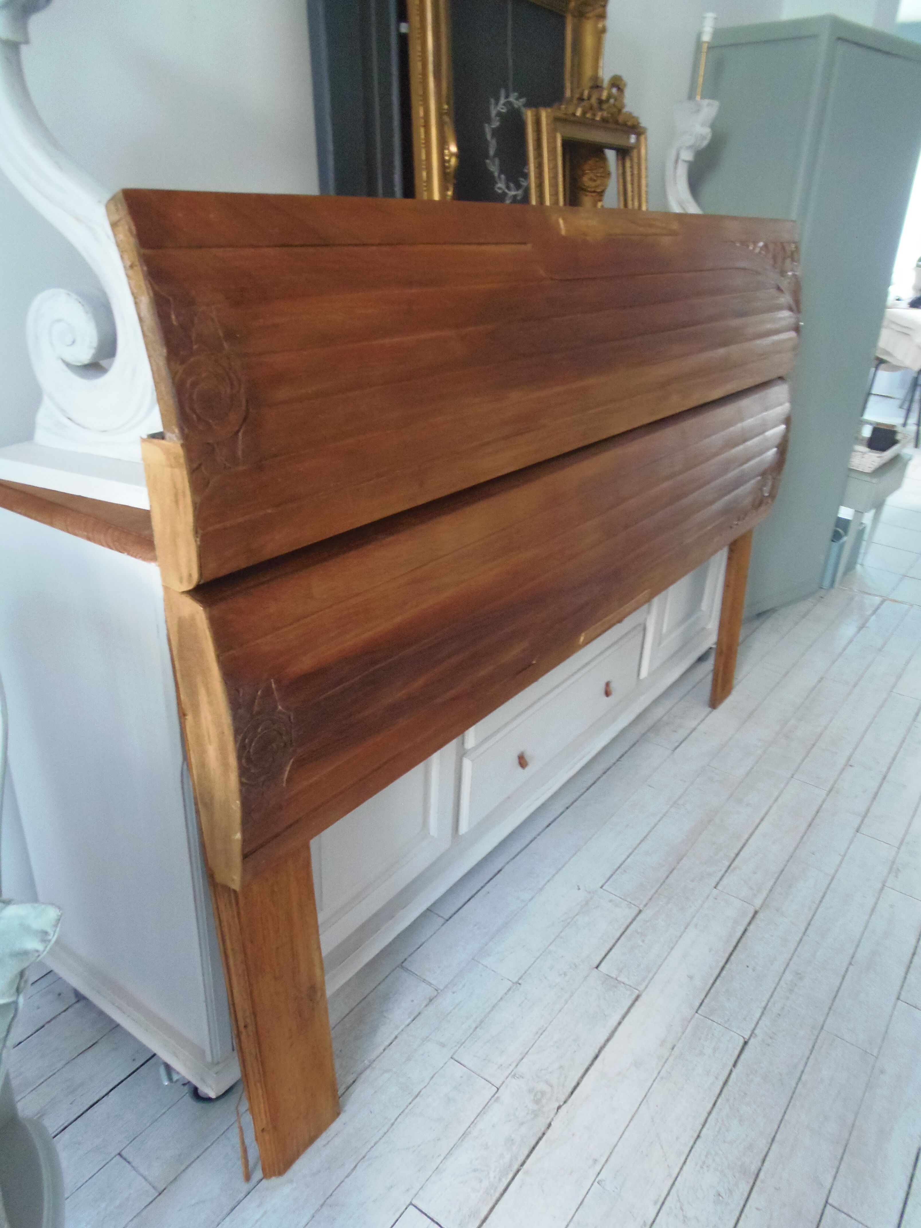 Headboard made with two art nouveau doors in walnut, waxed finish,