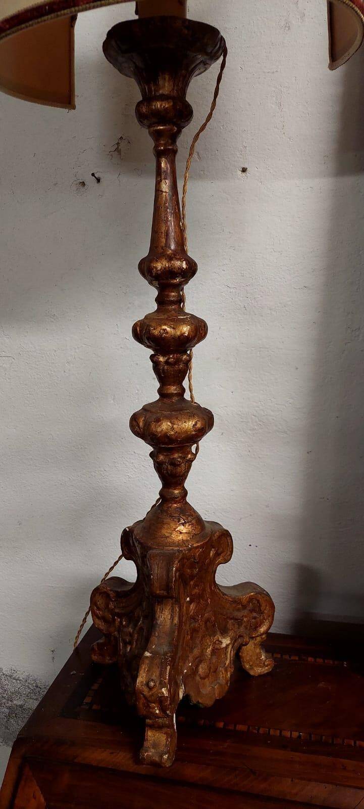 Antique 18th century candlestick lamp, gilded wood, electrified