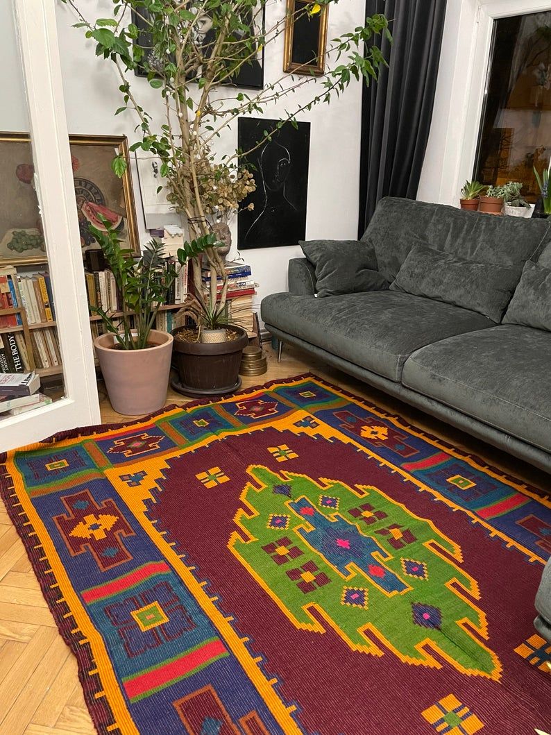 Handwoven vintage accent geometrical rug, colorful wool, Romanian carpet 230x160cm