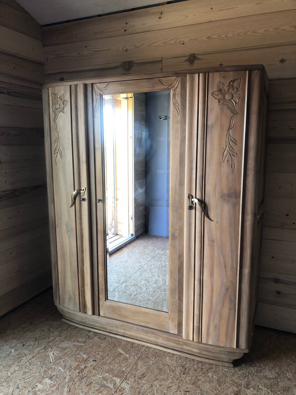 Art Deco wardrobe, solid wood and beveled mirror