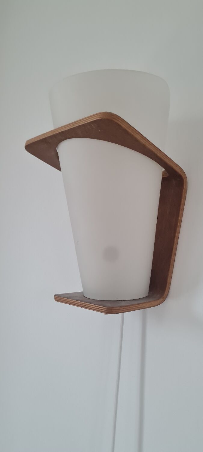 Pair of Louis Kalff frosted wood and opaline sconces