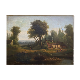 Painting Barbizon "animated landscape" HST XIX° century for restoration
