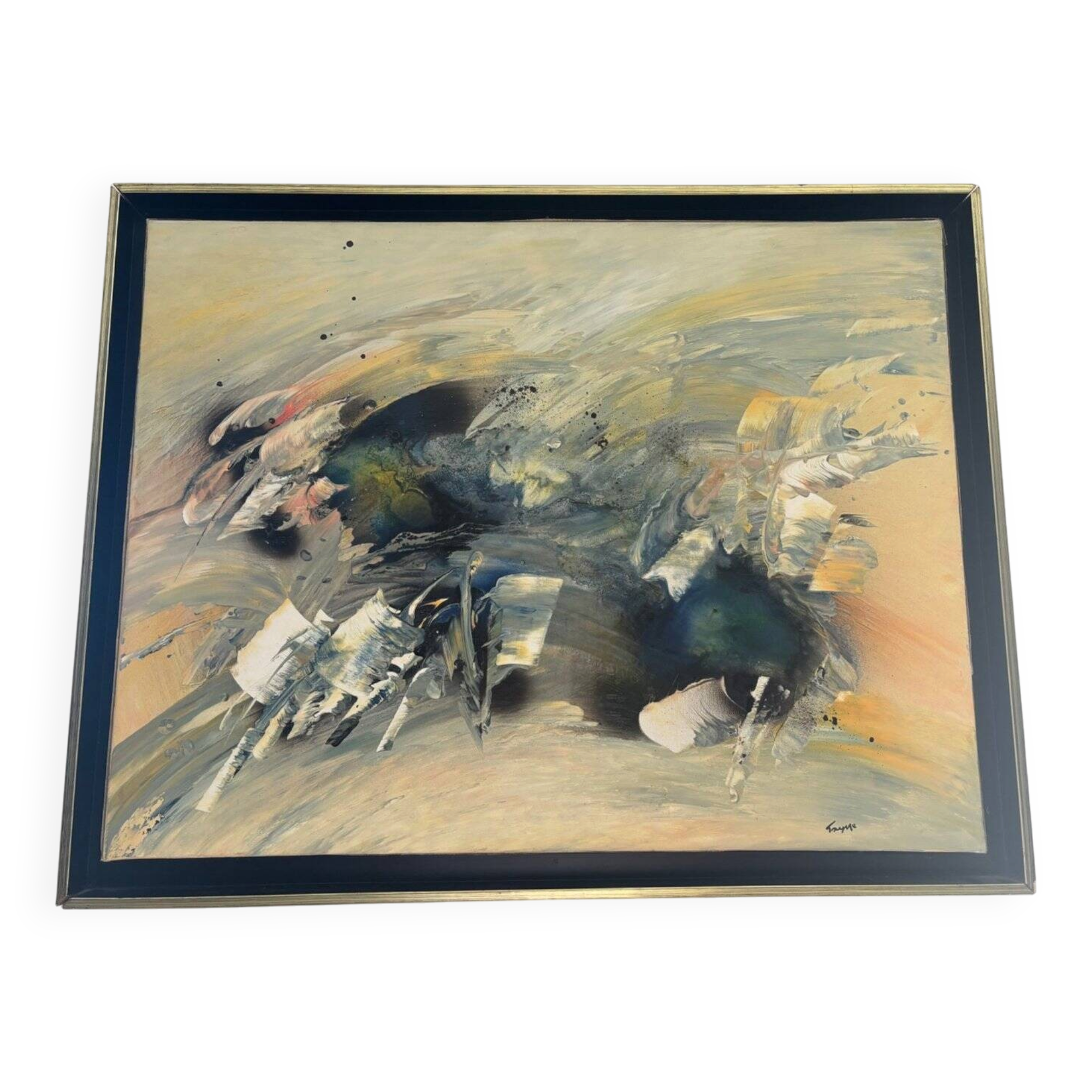 Abstract Lyrical Tableau Oil on Canvas Black and Gold Frame 1960s