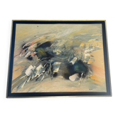 Tableau Abstrait Lyrique Huile sur Toile Cadre Noir Doré Années 60