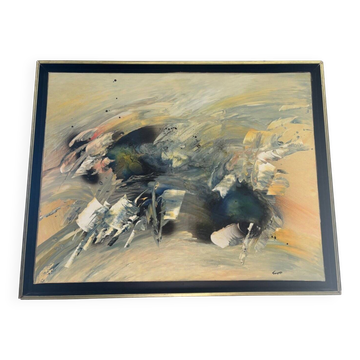 Tableau Abstrait Lyrique Huile sur Toile Cadre Noir Doré Années 60