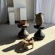 Small low circular four-legged stool in organic old teak with cut-out design H2