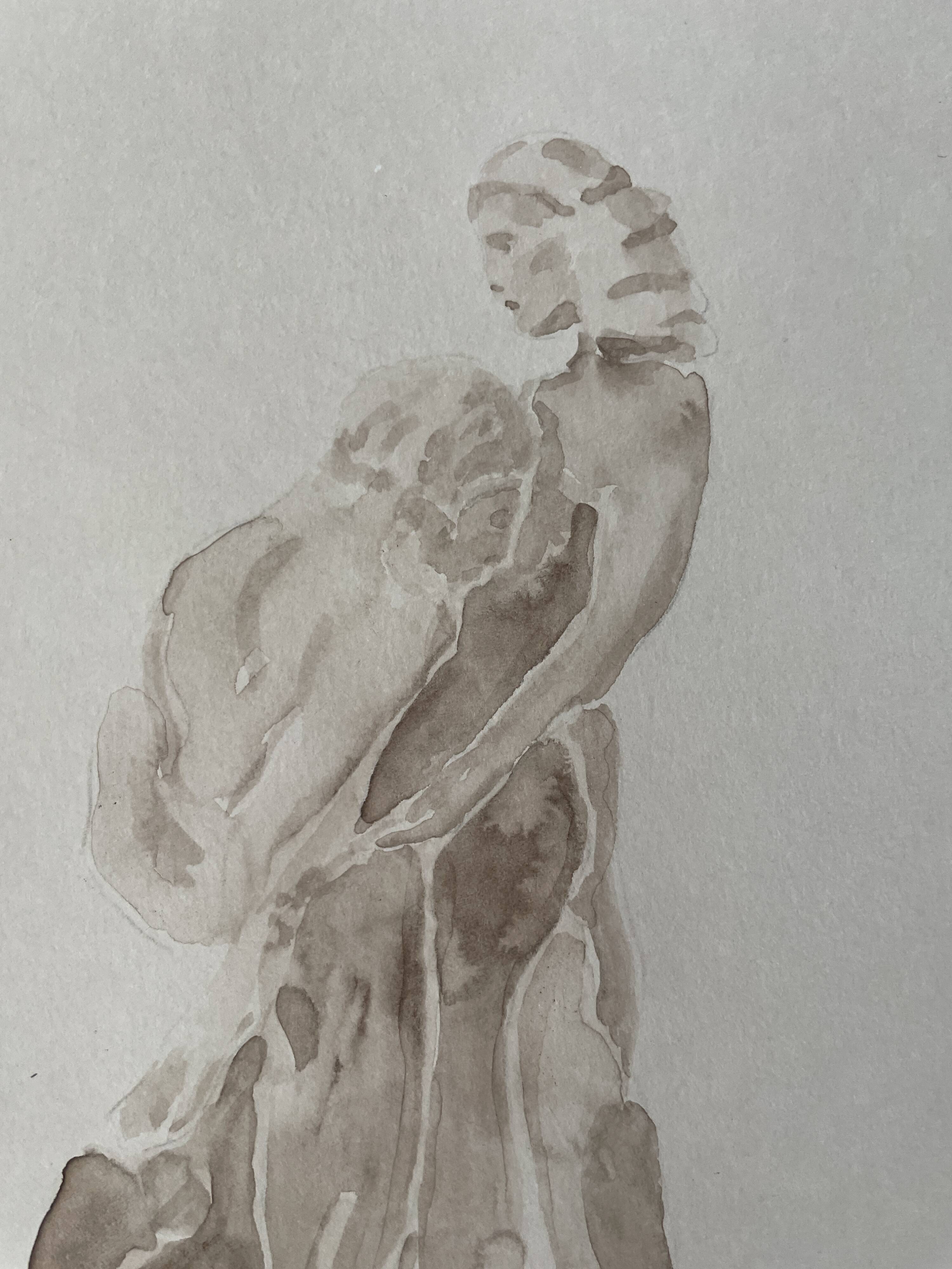 Painting signed sepia monochrome watercolor study of the statue “the eternal idol of Rodin”