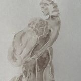 Tableau signé aquarelle monochrome sépia étude de la statue  « l'éternelle idole de Rodin »