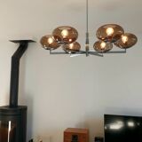 6-light chandelier by Italian designer Sciolari, chrome and smoked glass - 1970s - Vintage