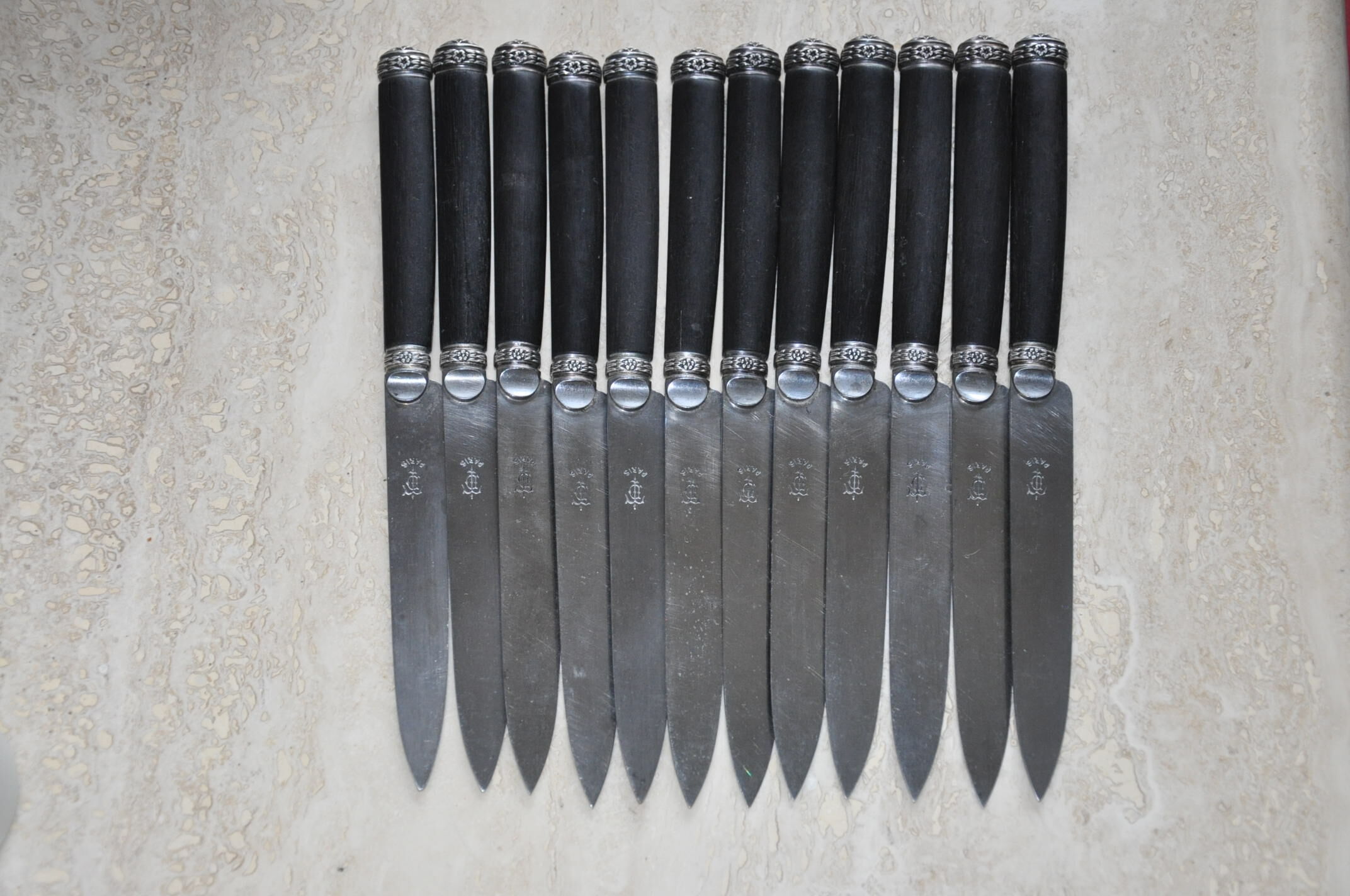 12 Antique silver ebony dessert knives