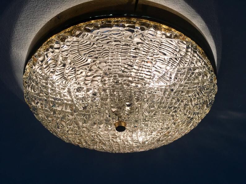 Impressive Mid Century Modern brass and ice glass ceiling lamp