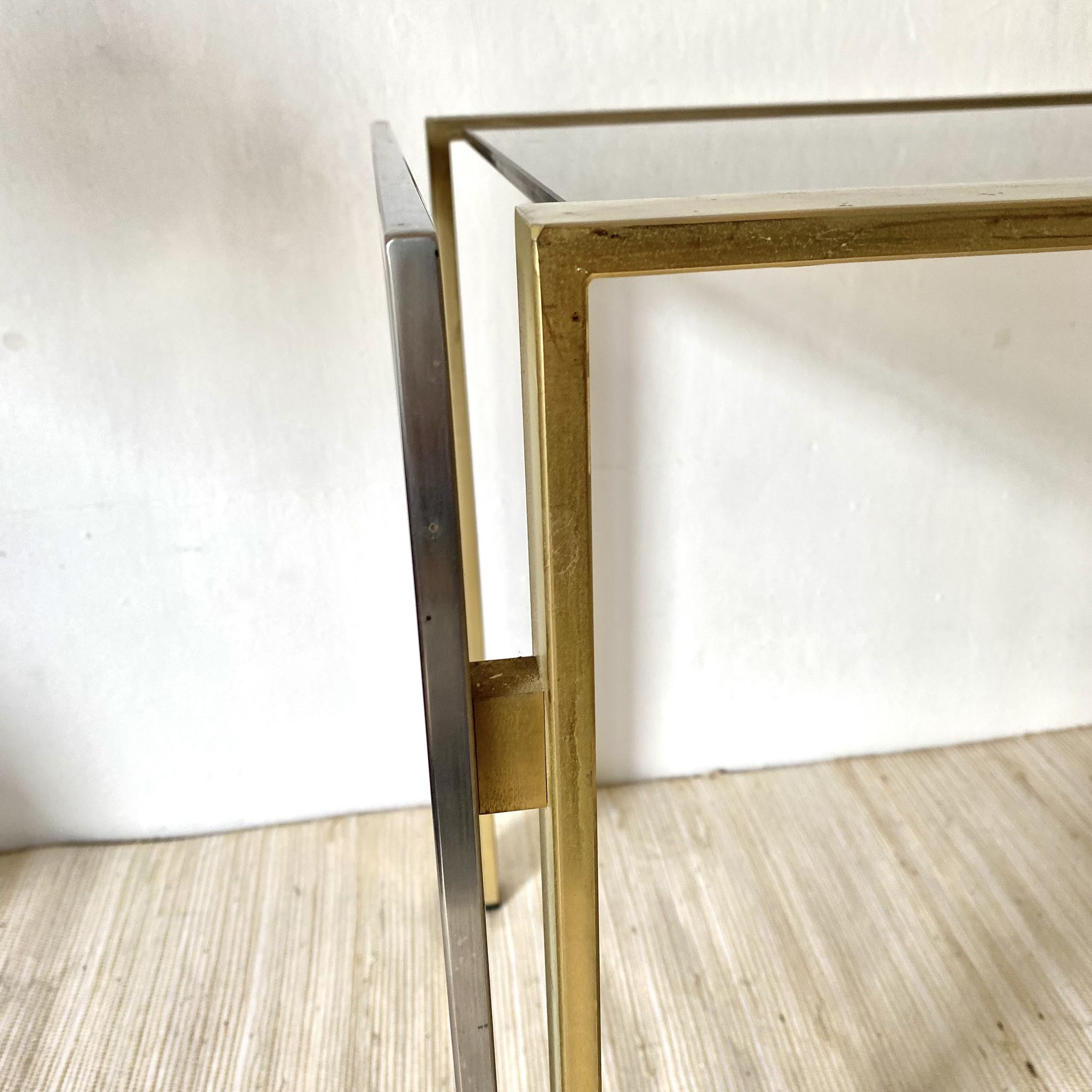 Side table, end of sofa in smoked glass and metal, 70s.