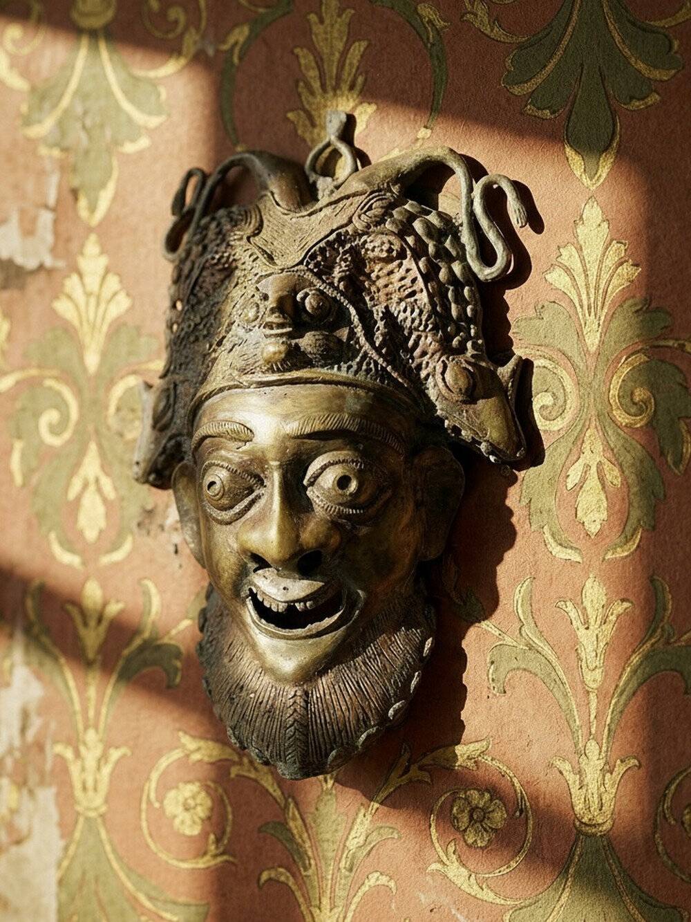 Vintage bronze African mask Bamoun, Cameroon