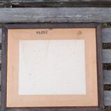 Still life painting with fruit, peach, bunch of grapes and tin pitcher, signed "roselyne"