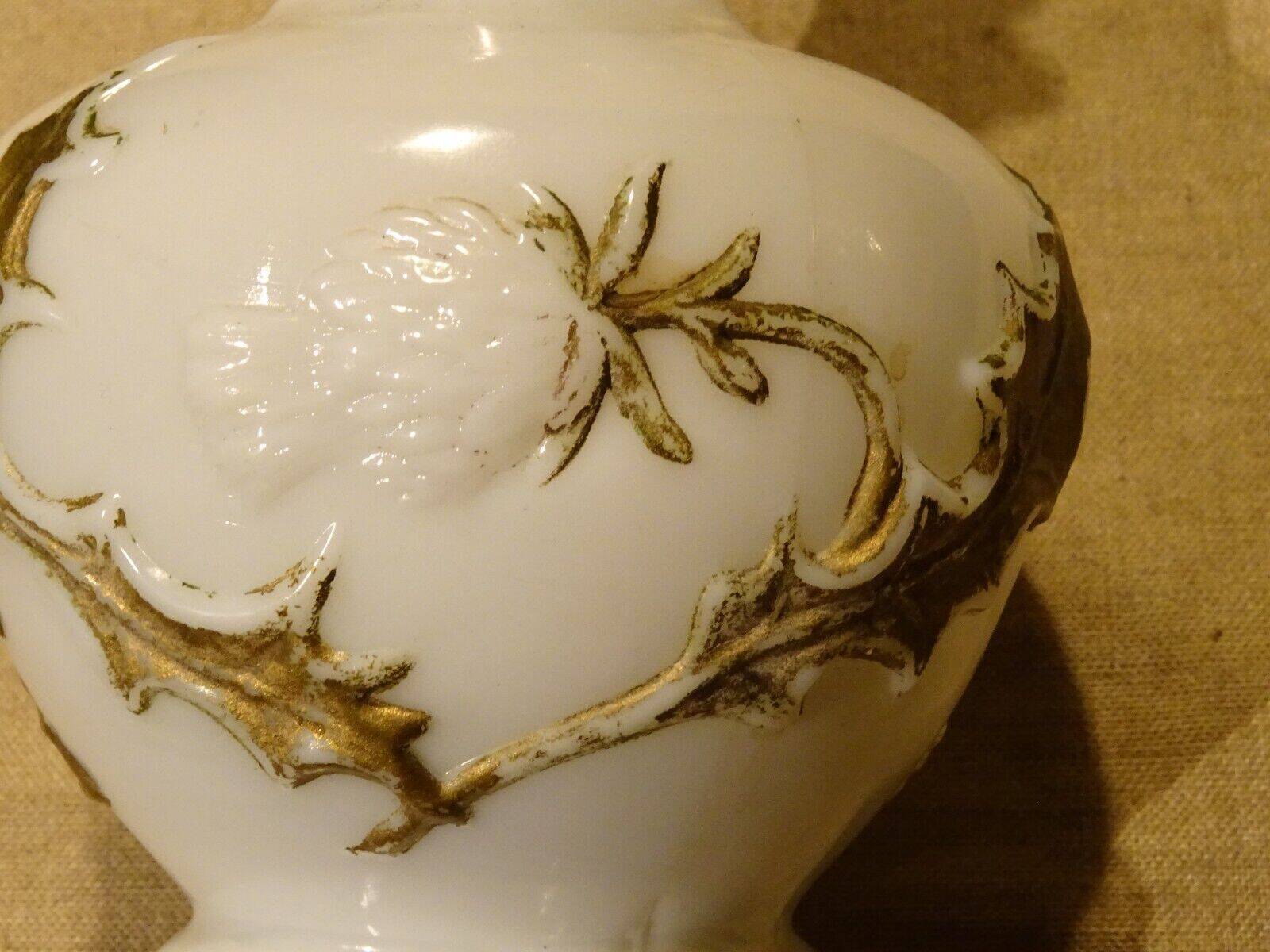 Old white opaline vase decorated with thistles in painted relief 23.6 cm high
