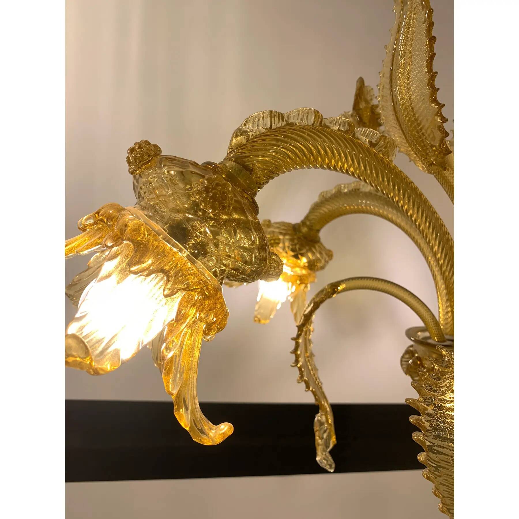 Murano Glass Chandelier, Amber, with Floral and Leaf Accents