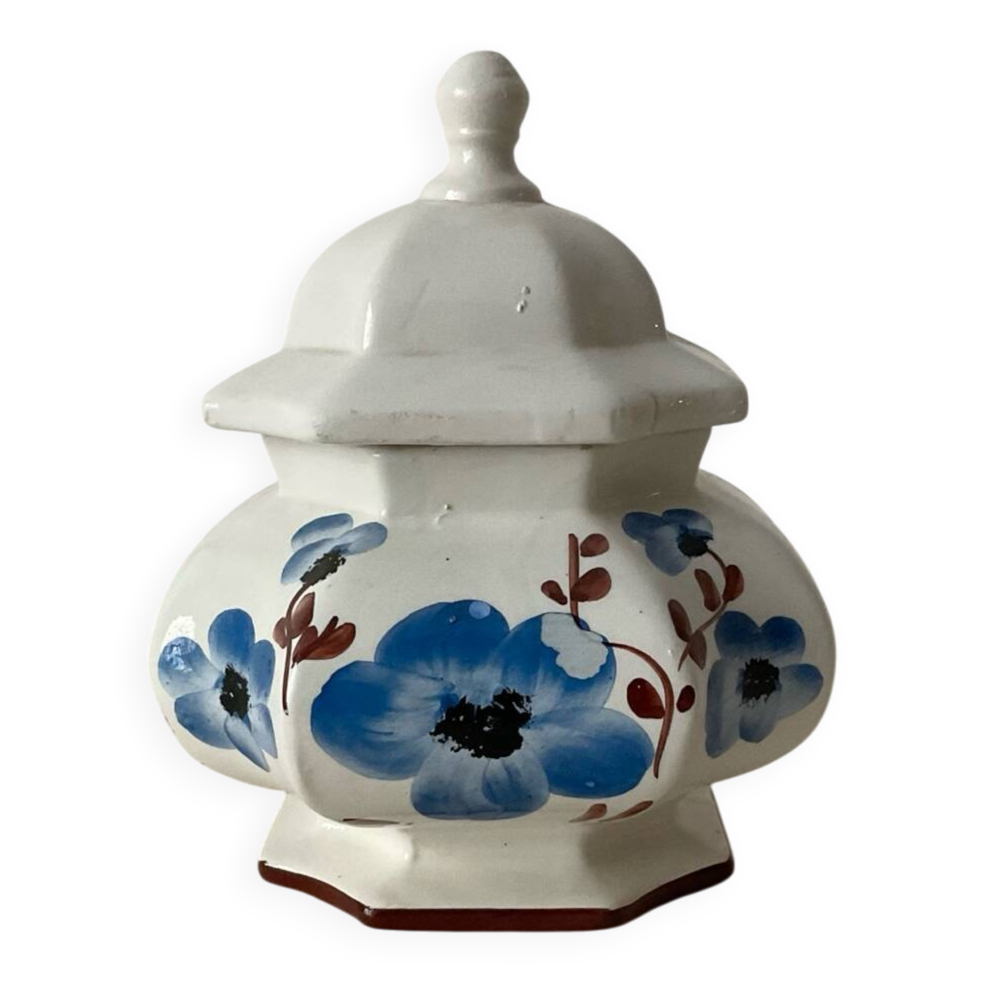 Antique sugar bowl in hand-painted earthenware – Blue floral decoration – Shape