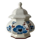 Sucrier ancien en faïence peinte à la main – Décor floral bleu – Forme