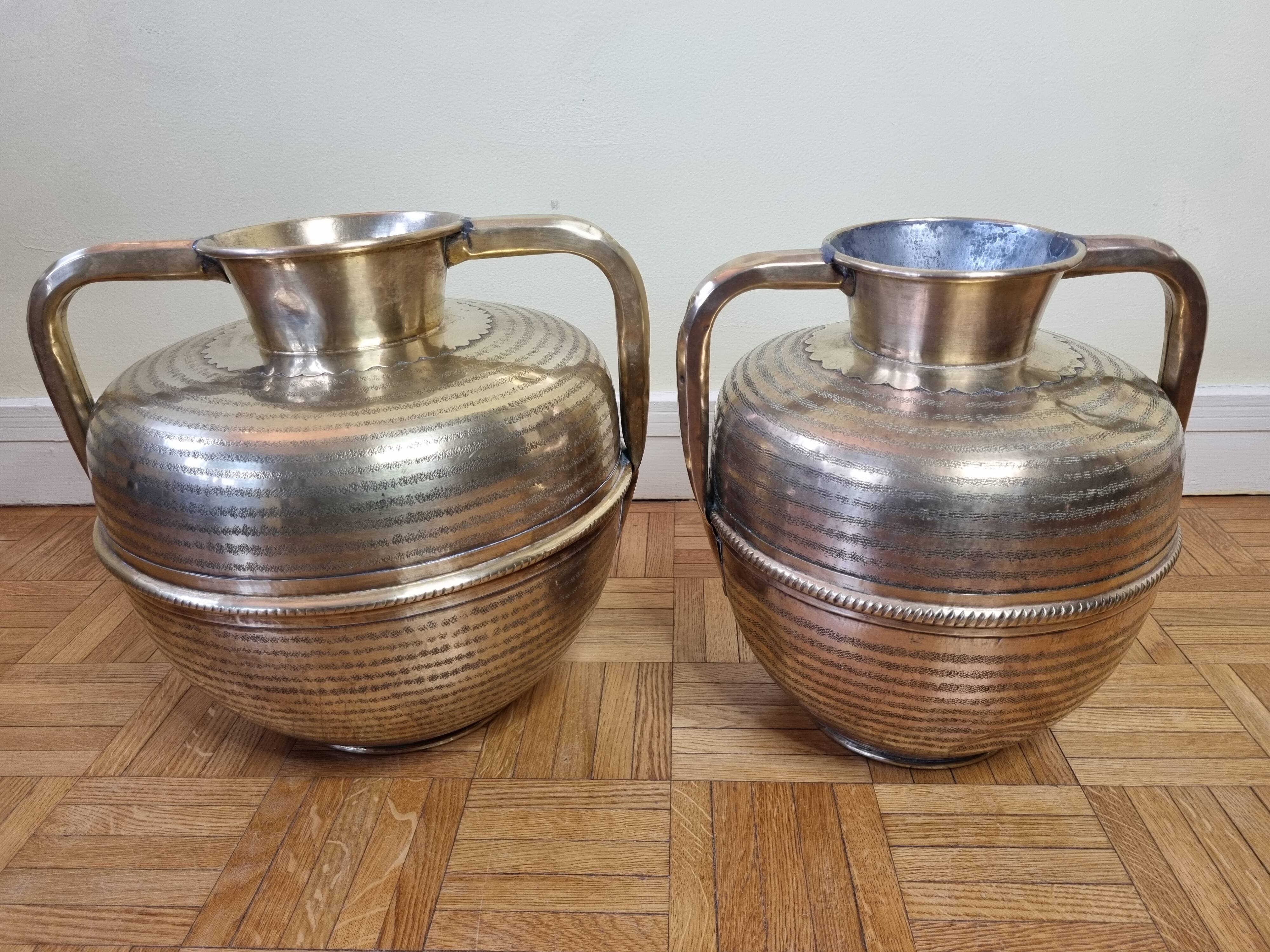 Pair of brass jars with double handles, Moroccan craftsmanship