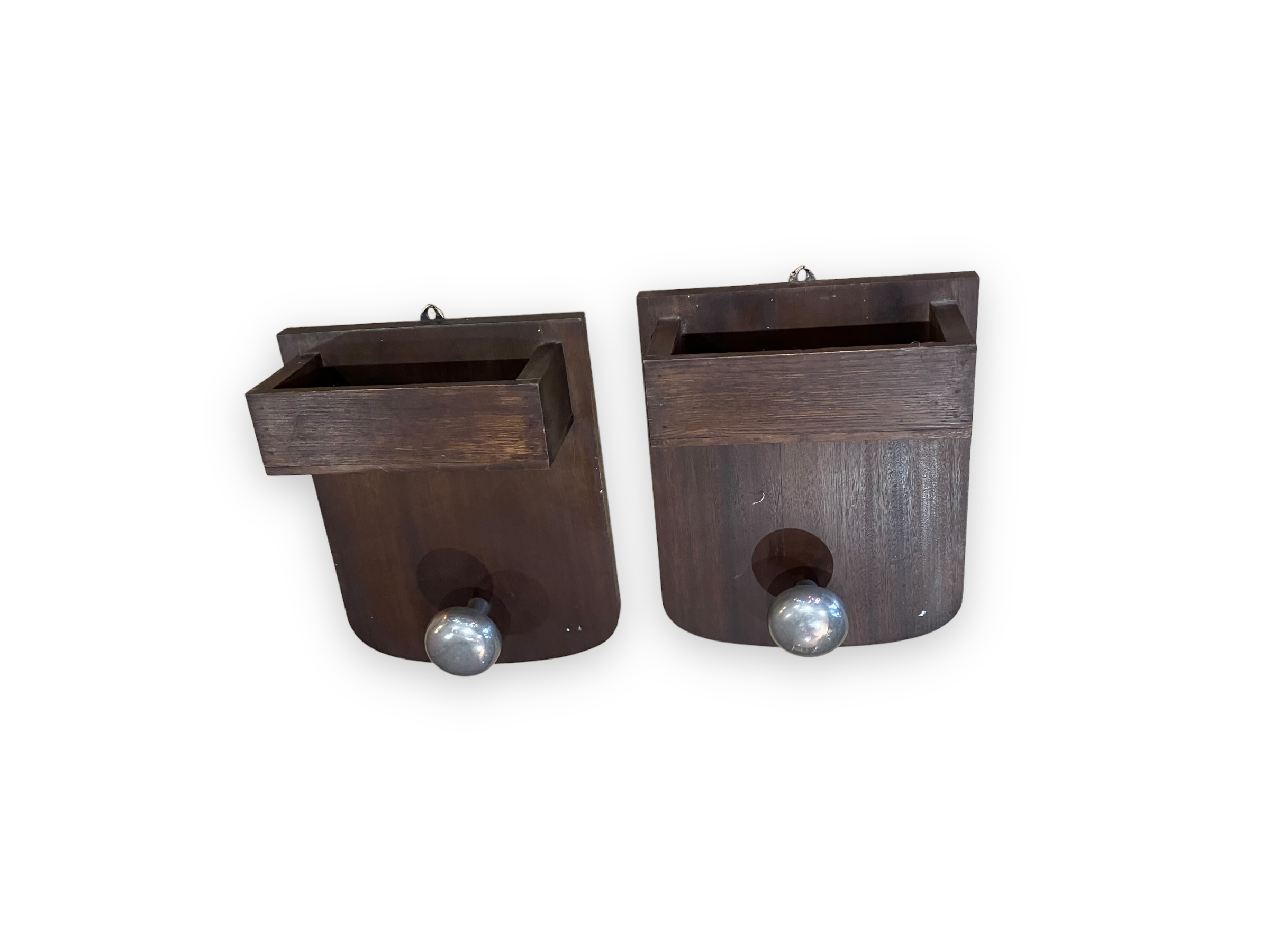 Paire de patères porte-manteau en bois massif et acier brossé années 1950
