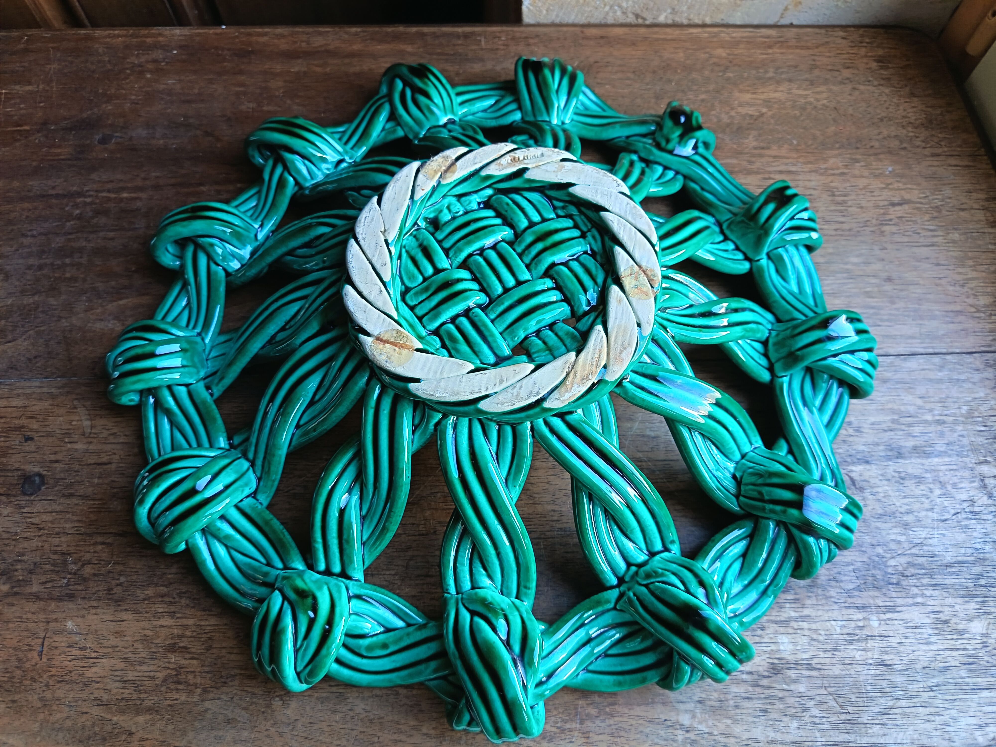 Woven green ceramic basket